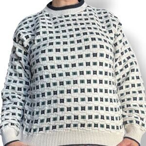 Vintage 90s Bill Blass Checkered Knit Sweater White Teal Navy Geometric Unisex